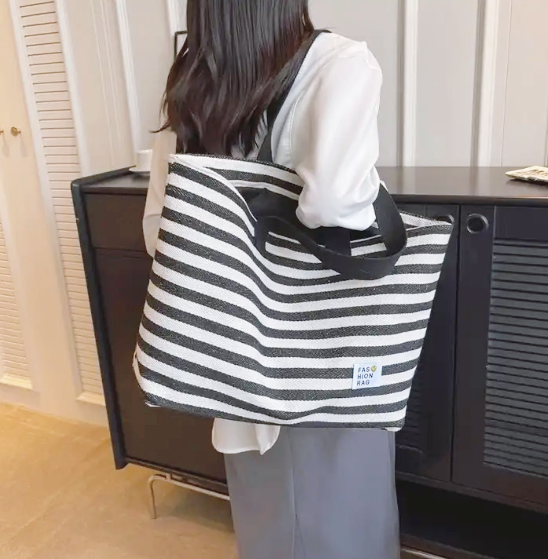 Sac en toile rayures blanc noir